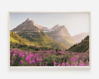 Fleurs de lupin des montagnes, champ de fleurs de lupin rose, affiche de prairie de montagne, paysage du Montana, impression de paysage rustique, chaîne de montagnes du Montana