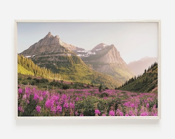 Fleurs de lupin des montagnes, champ de fleurs de lupin rose, affiche de prairie de montagne, paysage du Montana, impression de paysage rustique, chaîne de montagnes du Montana