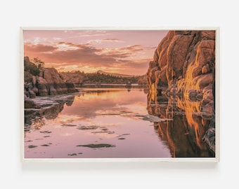 Watson Lake Sunset, Arizona Wall Art, Prescott Arizona, Mountain Lake Print, Sunset Over Water, Nature Photography, Printable Art