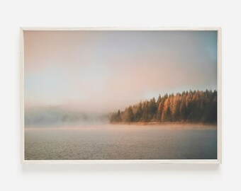 Misty Forest Lake, Rustic Scenery, Western Lake Landscape, Forest On Lake, Pine Tree Forest, Lodge Lake Decor, Misty Lake Photography