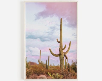 Stampa pastello cactus Saguaro, arte della parete del deserto, foto del cielo rosa, arte stampabile dell'Arizona, arredamento del sud-ovest, arte della parete Boho, stampa del tramonto del Saguaro