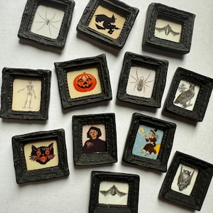 May include: A collection of small, black framed Halloween-themed pictures. The images include a spider, a witch on a broom, a bat, a skeleton, a jack-o'-lantern, an owl, a black cat, a grim reaper, and a witch. The frames have a textured appearance.