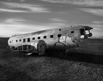 Iceland Plane Wreck Print , Sólheimasandur Black and White Photography
