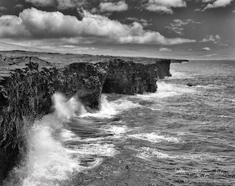 Volcanoes National Park Coastal Print, Hawaii Landscape Fine Art  Black and White Photography