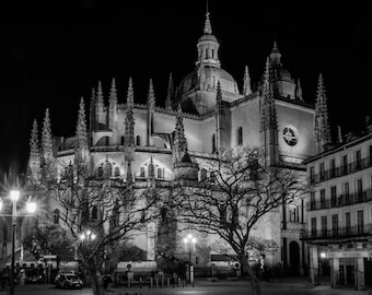 Segovia Cathedral Night Print – Black White Gothic Architecture, Spain Fine Art Travel Photography