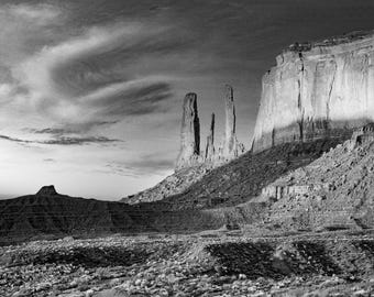 Three Sisters Photo Print, Monument Valley Black and White Fine Art Photography