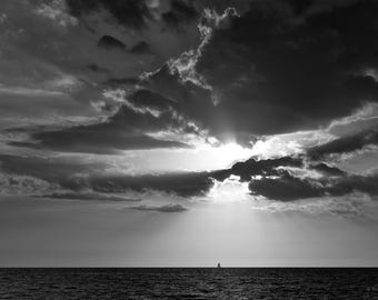 Naples Florida Sunset Beach Print,  Black White Sailboat Seascape Photography