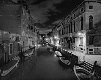 Midnight Venice Canal Black White Print, Urban Night Fine Art Photography