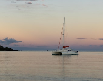 Morning at Waikoloa, Hawaii Sailboat Print, Pastel Ocean Sunrise Photography