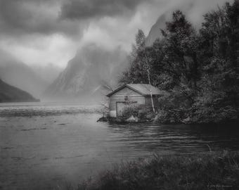 Norway Fjord Print, Boat House in the Mist, Fine Art Black and White Photography