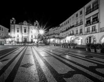 Evora Portugal Night Print – Praça do Giraldo Black and White Fine Art Photography