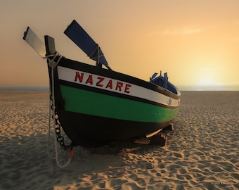 Nazaré Fishing Boat at Sunset – Portugal Coastal Fine Art Photography | Color or Black and White