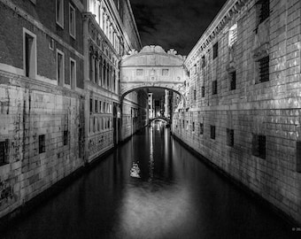 Bridge of Sighs Venice Night Photography – Black and White Architecture Fine Art Print