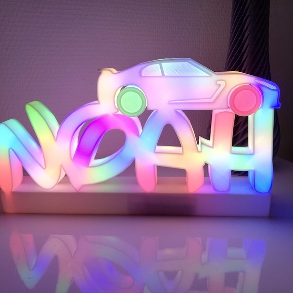 Lampe led avec voiture de course, prénom personnalisé, lumière de voiture USB dimmable, lampe de nuit pour enfants, cadeau voiture