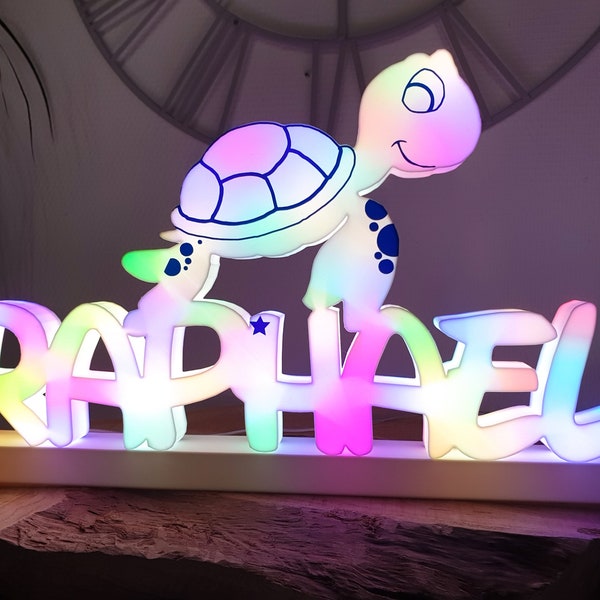 Veilleuse bébé, LED, Tortue, Lampe personnalisée, Prénom lumineux, Décoration murale