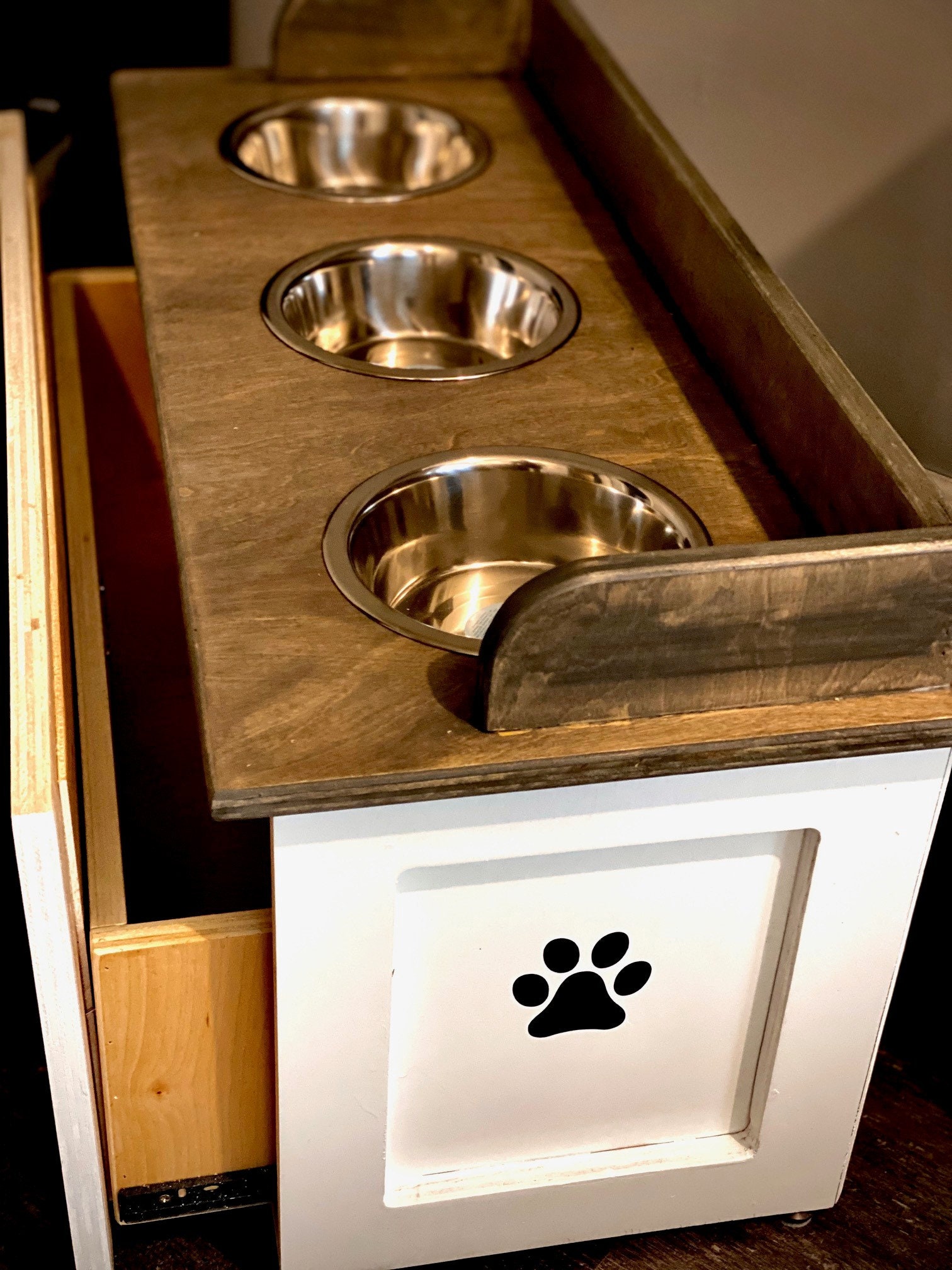 raised dog feeding station with storage
