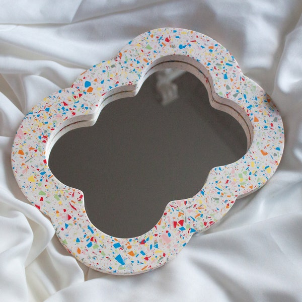 Handmade Terrazzo Mirror "Carnevale" - Pastel, Funky, Eco-friendly Home Decor with Stylish Aperol, White, Blue & Colorful Blob Cloud Design