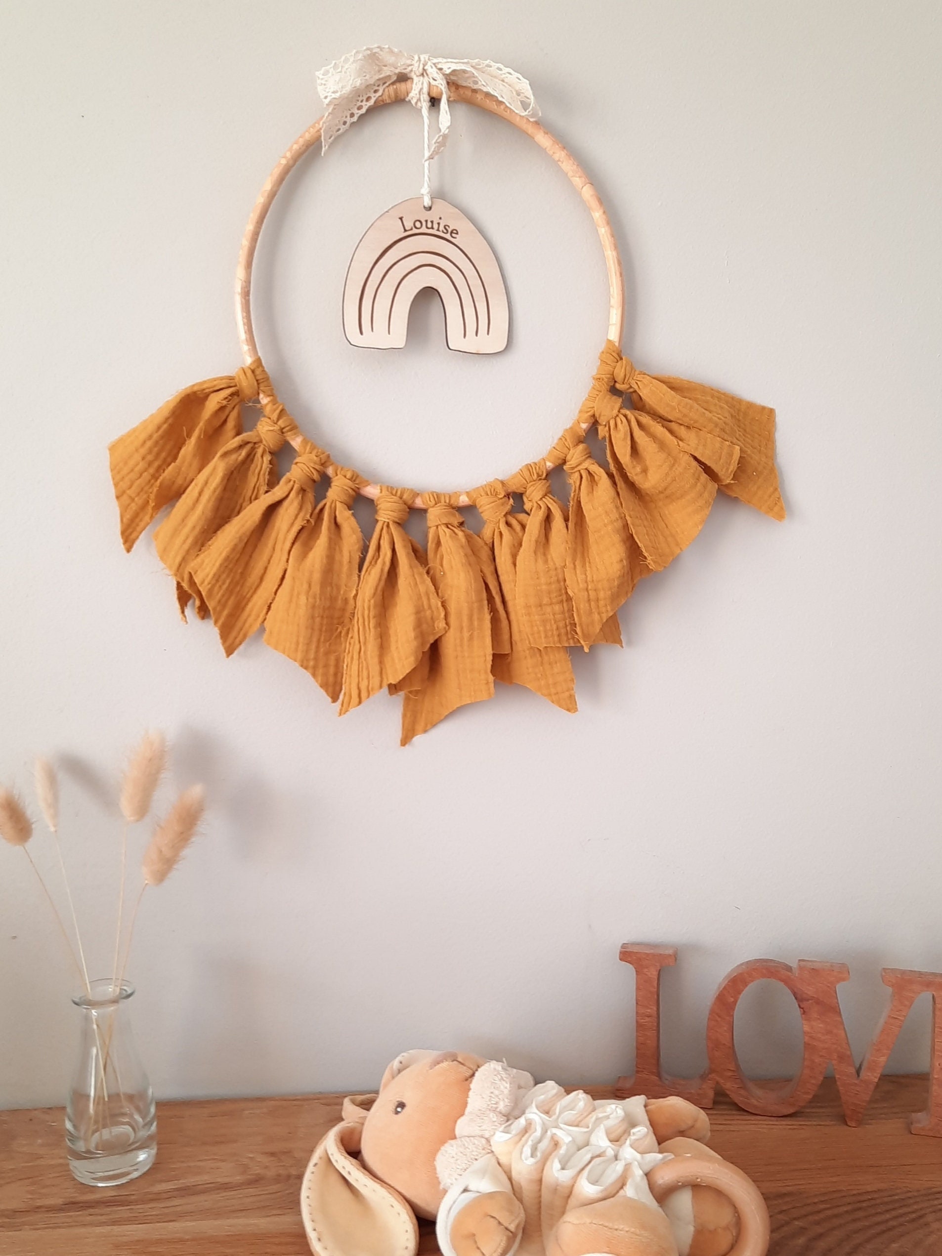 Couronne Rotin Gaze de Coton et Arc en Ciel Bois, Wall Decoration Hanging, Cadeau Naissance