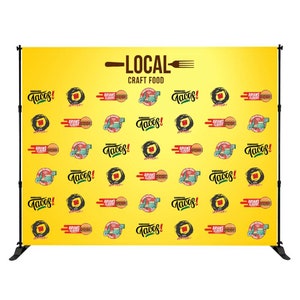May include: A yellow backdrop with the text "LOCAL CRAFT FOOD" and a repeating pattern of the text "Tacos!" and images of food trucks, tacos, and burgers.