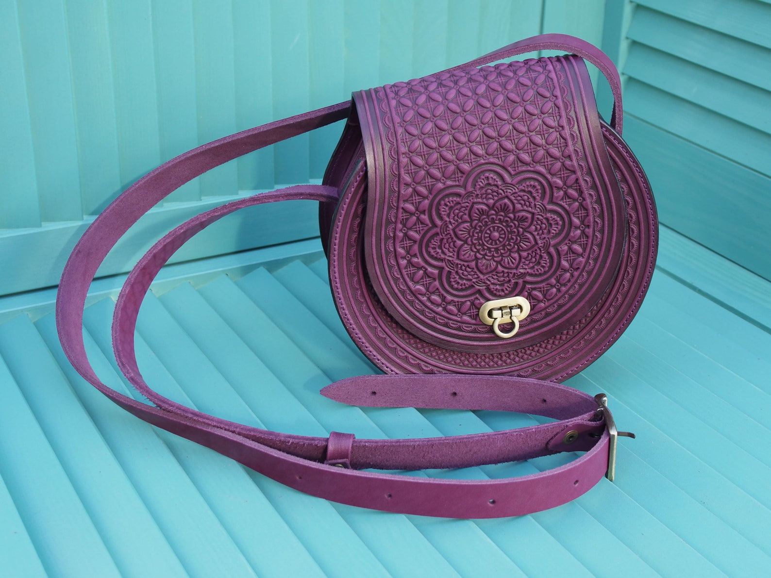 Round shoulder Purple leather bag Genuine leather sling bag Etsy