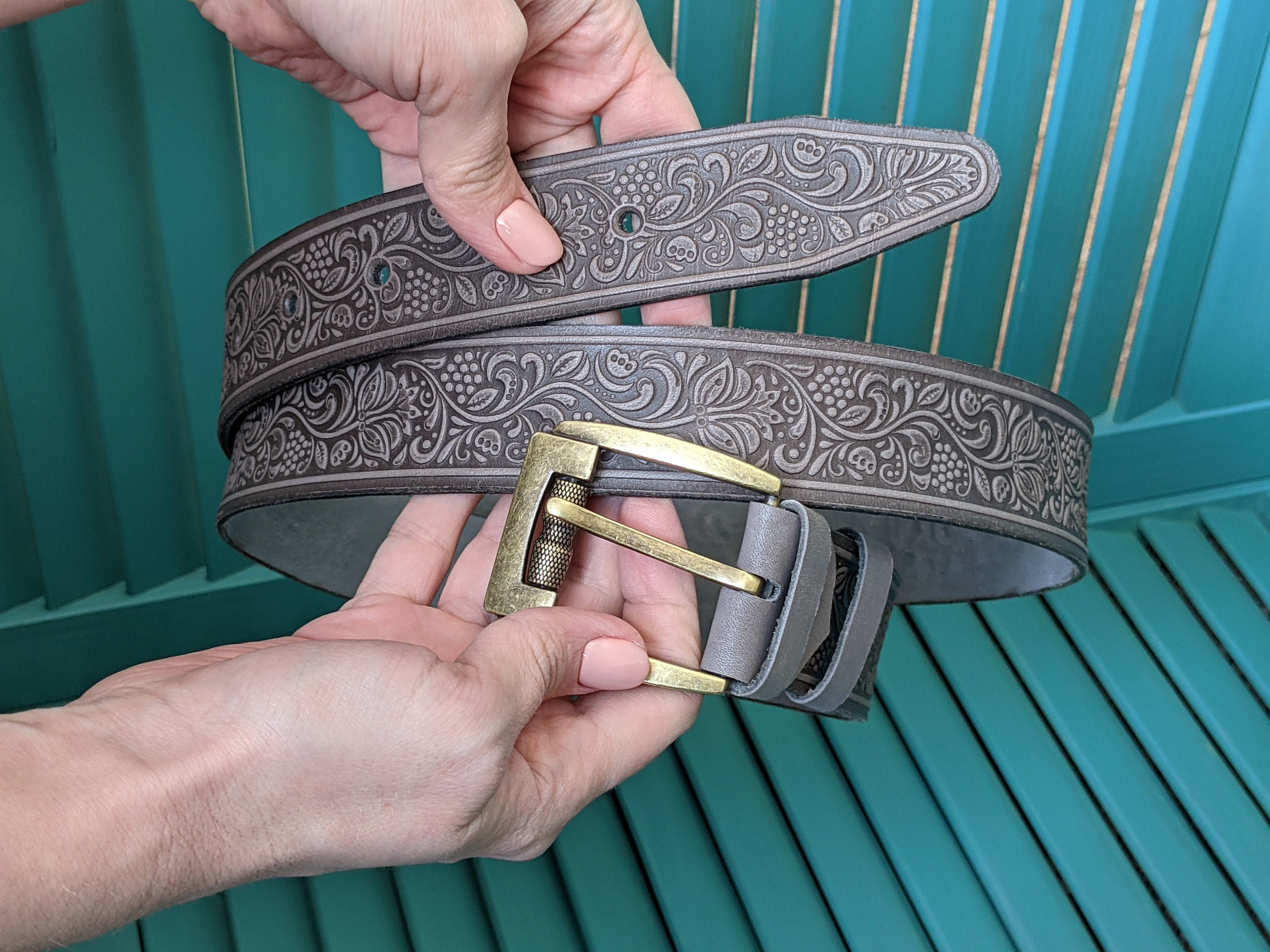 Gray Genuine Leather Belt Strap Western Style Embossed Etsy