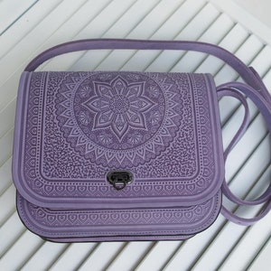 Lilac Genuine Leather Crossbody Bag with Embossed Pattern Unique Shoulder Ladie’s Purse Fancy Everyday Satchel Bag Best gift For Her