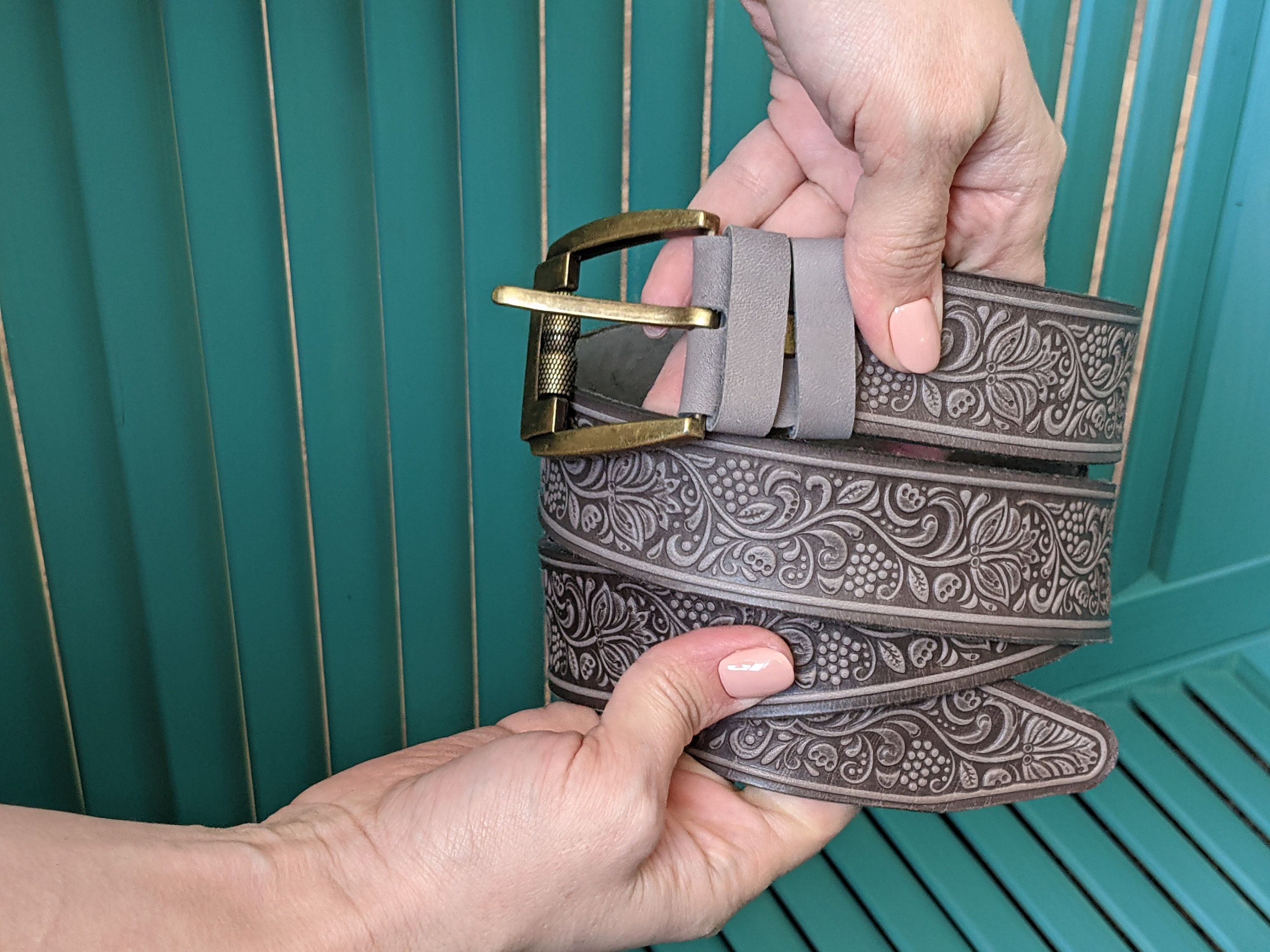 Gray Genuine Leather Belt Strap Western Style Embossed Etsy