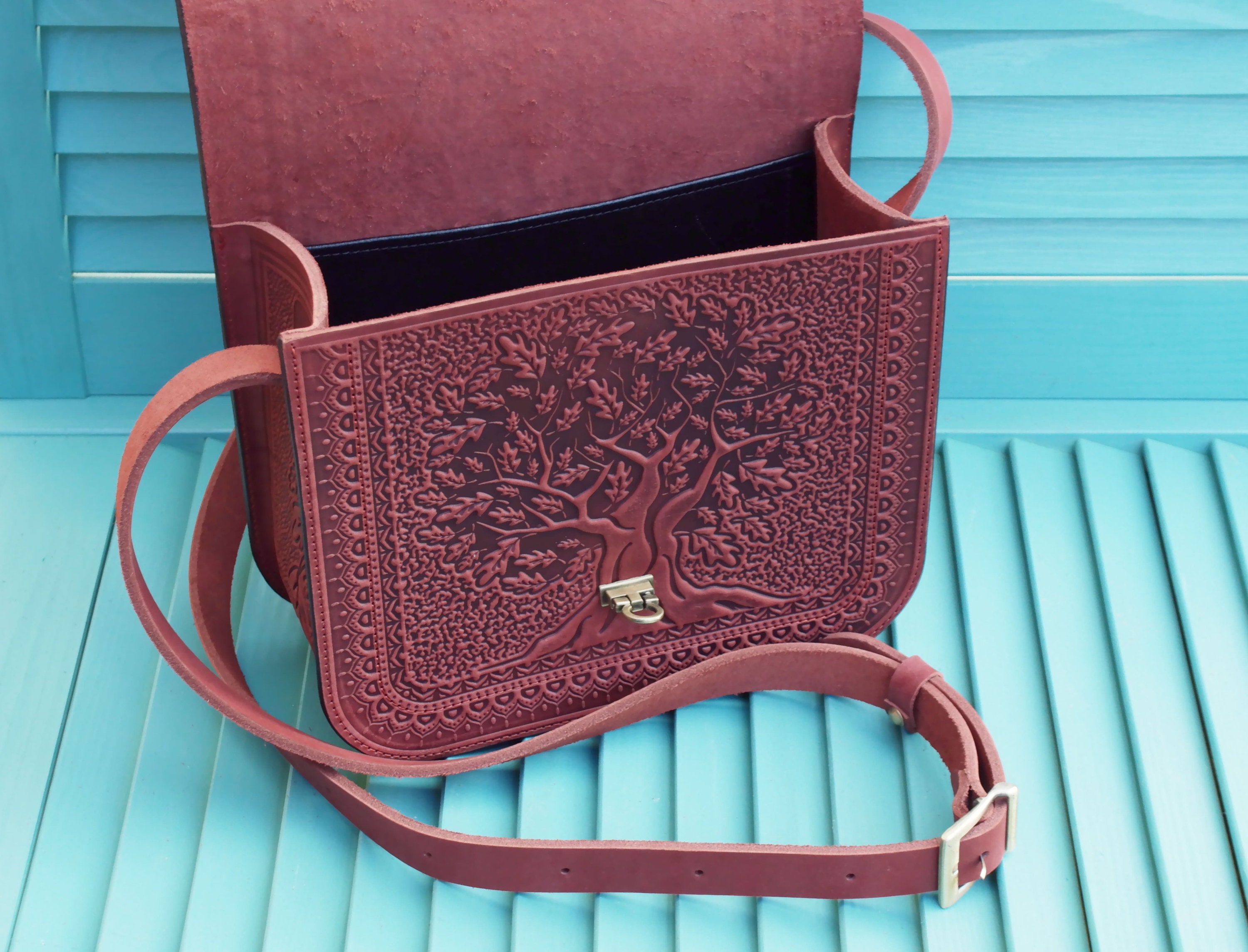 Brown Genuine Leather Crossbody Bag With Embossed Pattern Etsy