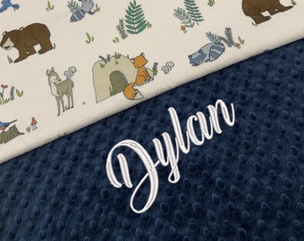 Woodland Pals Print Minky Personalized Baby Blanket - Custom Embroidered Blanket for Kids -Baby Shower Gift for Girls/Boys.