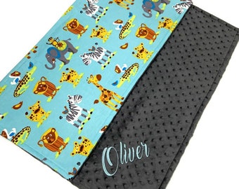 Manta de bebé Minky con estampado animal personalizado, regalo bordado para recién nacido