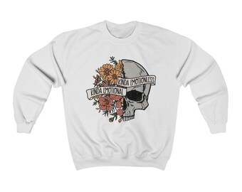 Unisex Heavy Blend Crewneck Sweatshirt Kinda Emotional, Kinda Emotionless, Skull Flowers Lovers