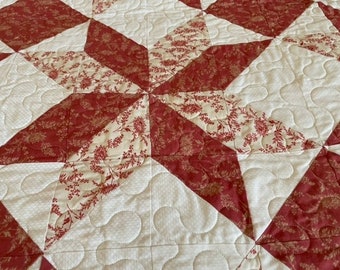 Red and White Queen Size French Country Fabric with All-Over Floral Stars on Handmade Patchwork Quilt