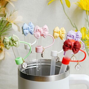 Custom Bow Tumbler Straw Topper with Letter, Reusable Bow Bottle Straw Cover, Silicone Straw Cap, Bow Charm for Stanley Cup Decor, Gifts