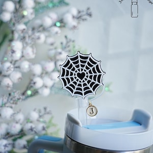 Spiderweb with Heart Water Bottle Straw Cap,Spiderweb Stanley Cup Straw Topper,Goth Charm for Tumblers,Heart Spider Web Straw Cover