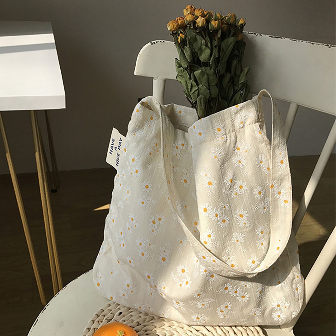 Handmade Daisy Flower Printed Cotton Canvas Shoulder Etsy