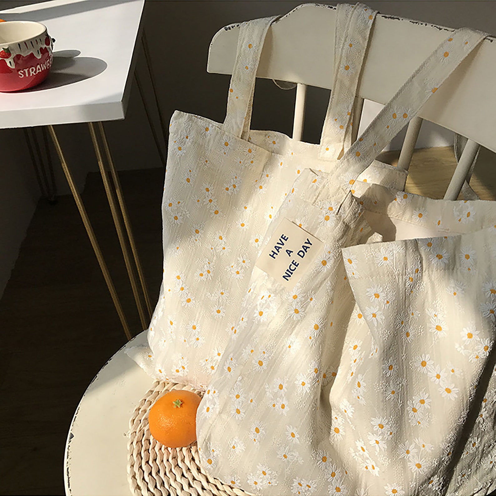 Handmade Daisy Flower Printed Cotton Canvas Shoulder Etsy