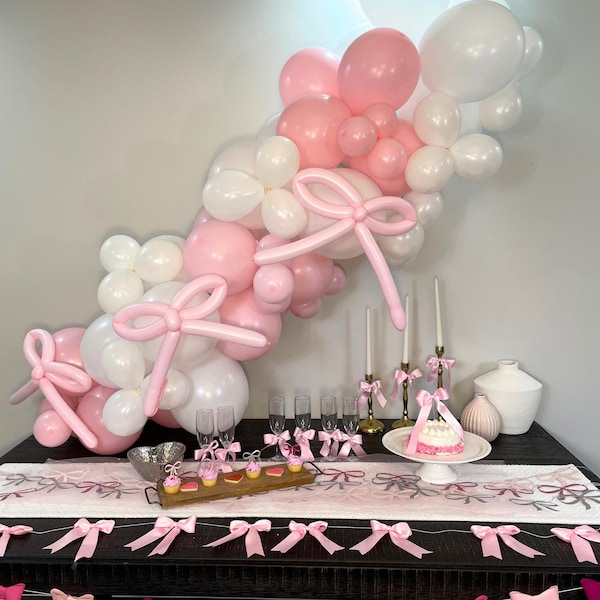 Pink and White Bow Balloon Garland, Coquette Bridal Shower Bow Balloon Arch, She's Tying the Knot Balloon Garland, Pink Bow Birthday Decor