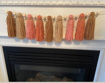 Boho Rainbow High Chair Tassel Birthday Garland, Over the Crib Décor, Pink & Brown Yarn Tassel Garland, Rainbow Boho Muted Birthday Party