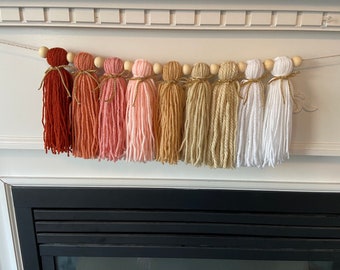 Boho Rainbow High Chair Tassel Birthday Garland, Over the Crib Décor, Blush Pastel Yarn Tassel Garland, Rainbow Boho Muted Birthday Party