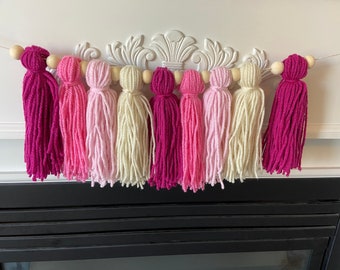 Tasruwat Pink Yarn Tassel Garland Boho Preppy Wall Hanging Decor Bunting Banner Tassels With Wood Bead For Nursery Classroom Office Birthday Party