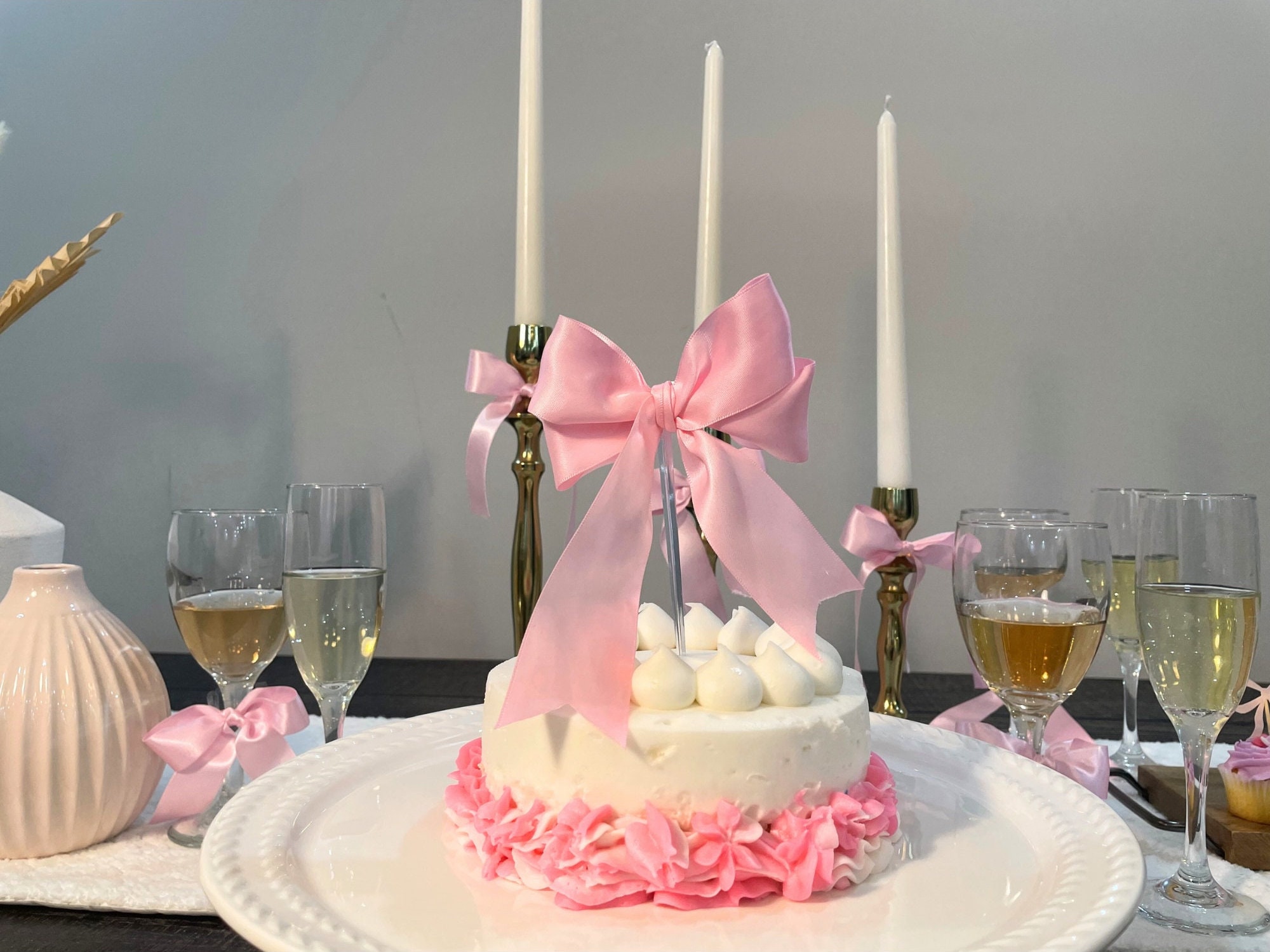 6 Pcs Vintage Bow & Pearl Cake Toppers - 9x4.9 Inch Coquette Party Decor For Bridal Showers & Birthdays