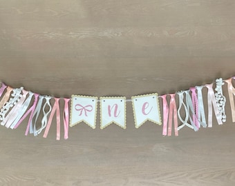 Pink Bow High Chair Banner, 1st Birthday Banner For High Chair, Ribbon Birthday Decorations, Girls Birthday High Chair Banner ONE, First
