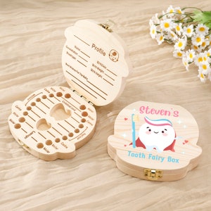 Personalized Tooth Box, Custom Name Cartoon Tooth Fairy Box, Solid Wood Teeth Boxes, Baby Teeth and Hair Keepsake Box