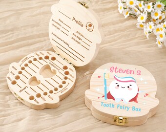 Personalized Tooth Box, Custom Name Cartoon Tooth Fairy Box, Solid Wood Teeth Boxes, Baby Teeth and Hair Keepsake Box