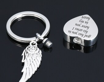 Custom Engraved Urn keyrings, Heart Urn Pendant keychain, Pendant with Angel Wing, Cremation Memorial Jewelry, Urns For Ashes