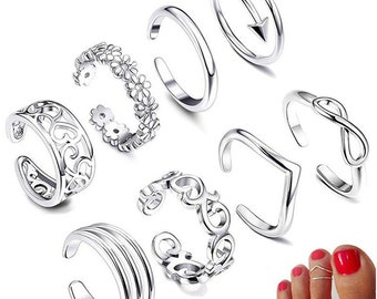 8 Pcs/Set Silver Plated Toe Rings For Women Gold Plated Adjustable Toe Rings Various Types Rings Open Toe Ring Set Beach Jewelry