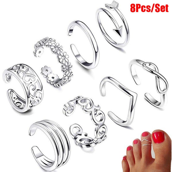 8 Pcs/Set Silver Plated Toe Rings For Women Gold Plated Adjustable Toe Rings Various Types Rings Open Toe Ring Set Beach Jewelry