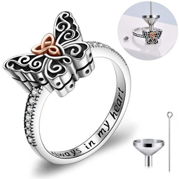 Silver Plated Butterfly Urn Ring For Ashes Celtic Knot Memorial Keepsake Jewelry Cremation Ring For Women