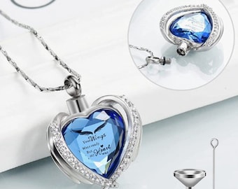 Exquisite Angel Wing Cremation Jewelry Crystal Gemstones Heart Shape Urn Necklace For Ashes With Crystal Funnel Memory Keepsake Jewelry Gift