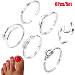 6 Pcs/Set Silver Plated Toe Rings For Women Gold Plated Adjustable Toe Rings Various Types Rings Open Toe Ring Set Beach Jewelry